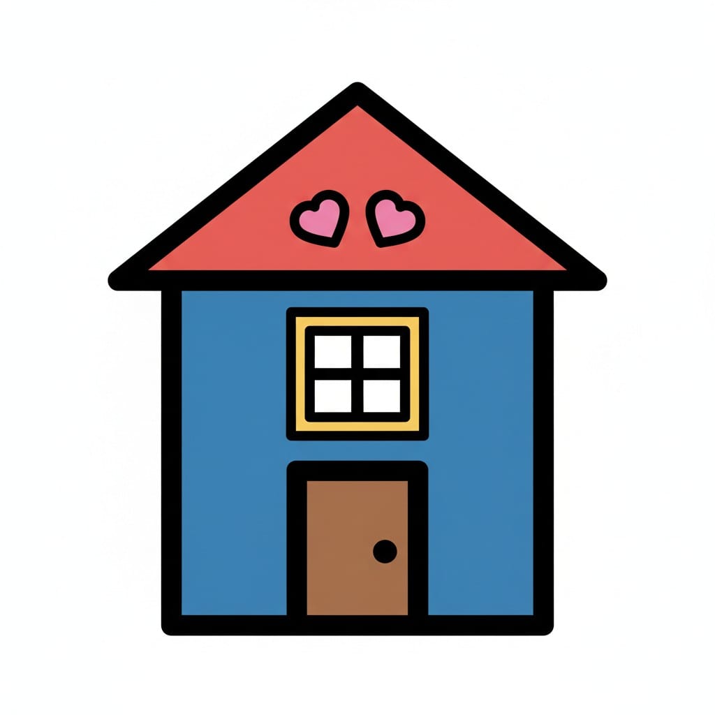Een gezellig huis met een rood dak en twee hartjes.