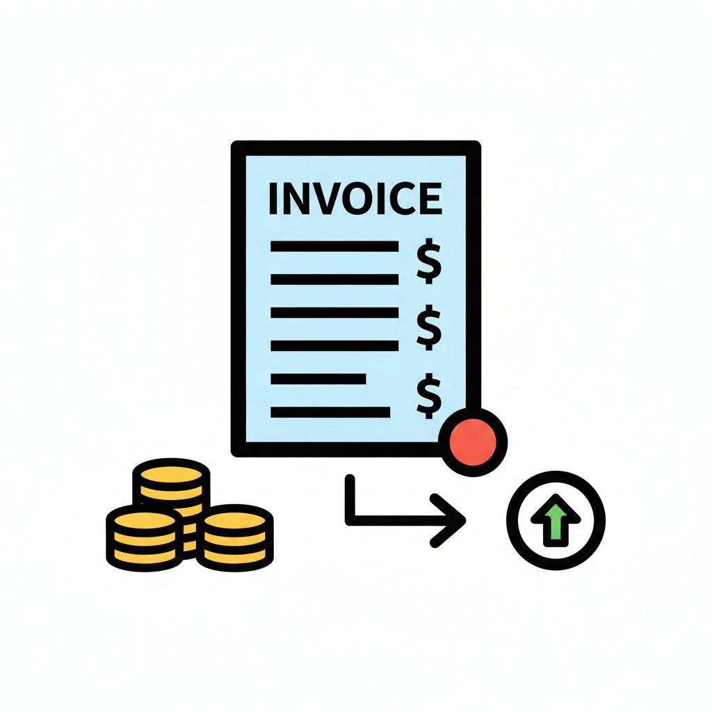 An invoice with three amounts, beside two stacks of coins and an arrow pointing to a payment symbol.