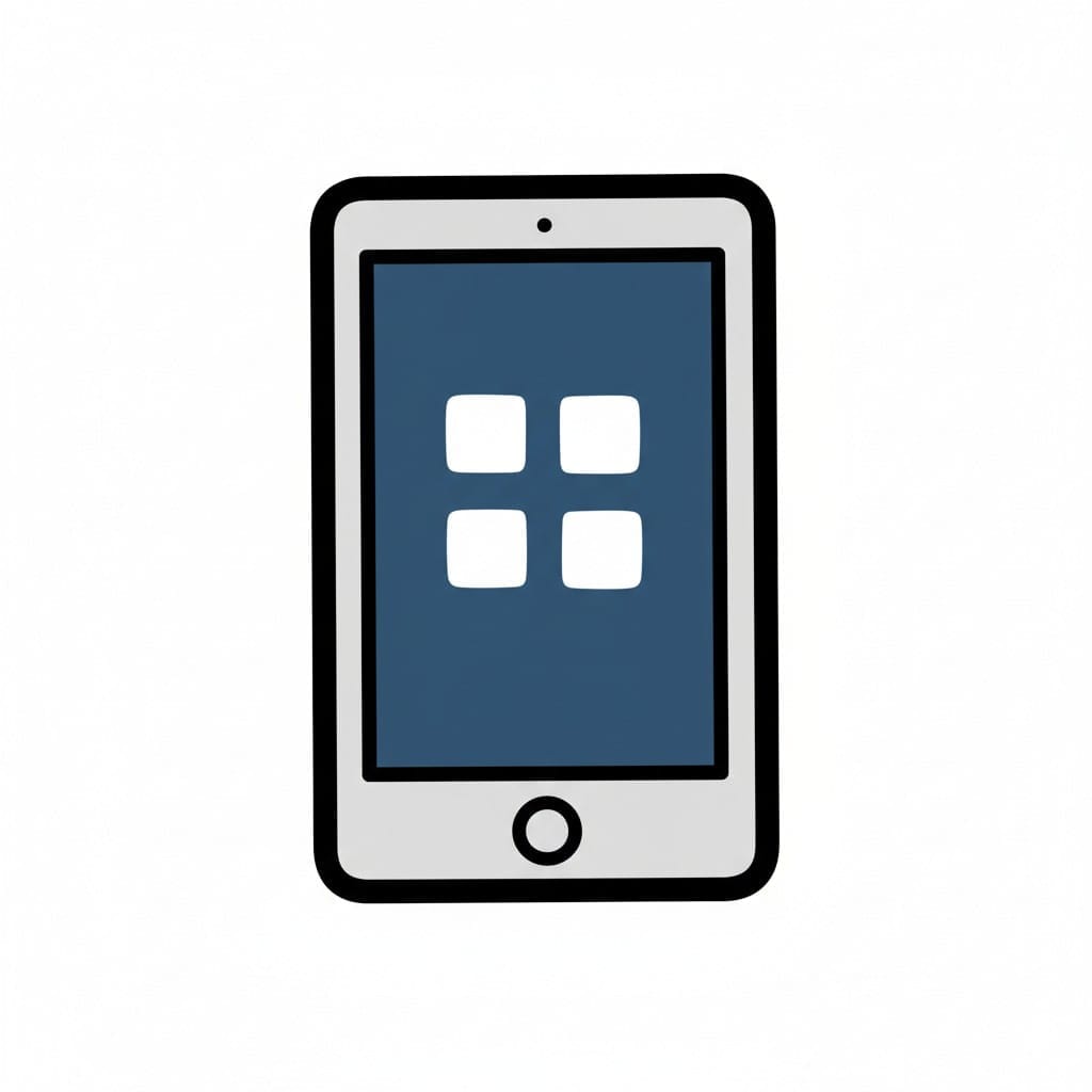 An iPad with a dark blue screen showing four white squares arranged in a grid.