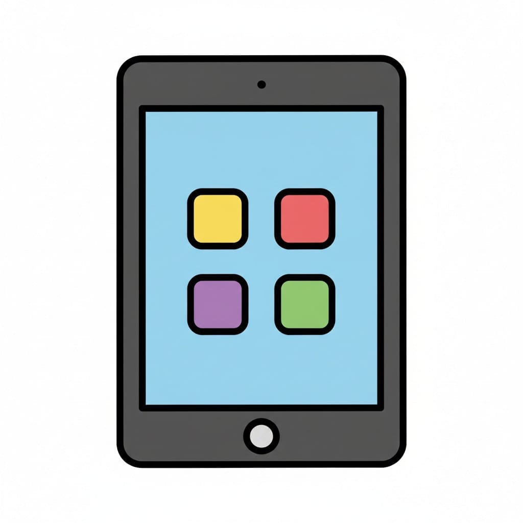 An iPad displaying a light blue screen with four colorful app icons.