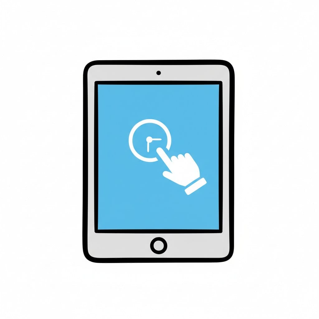 An iPad with a blue screen showing a white clock icon and a pointing hand.