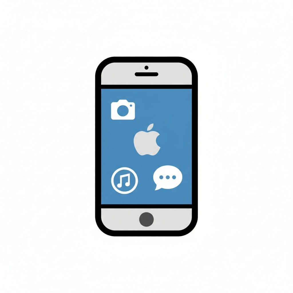 Een tekening van een iPhone met pictogrammen voor camera, het Apple-logo, muziek en berichten op een blauw scherm.