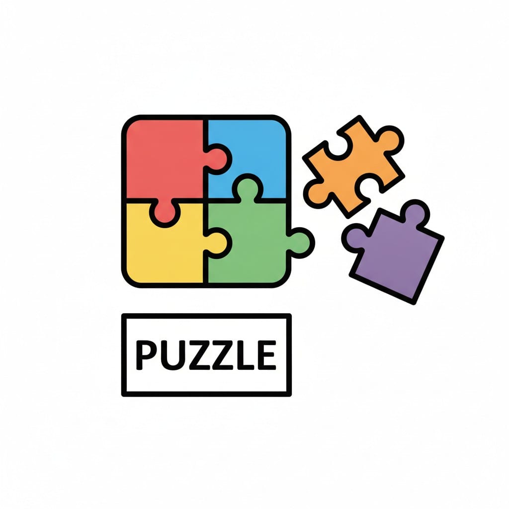 Vier gekleurde puzzelstukjes in elkaar, twee losse stukjes en het woord PUZZLE.