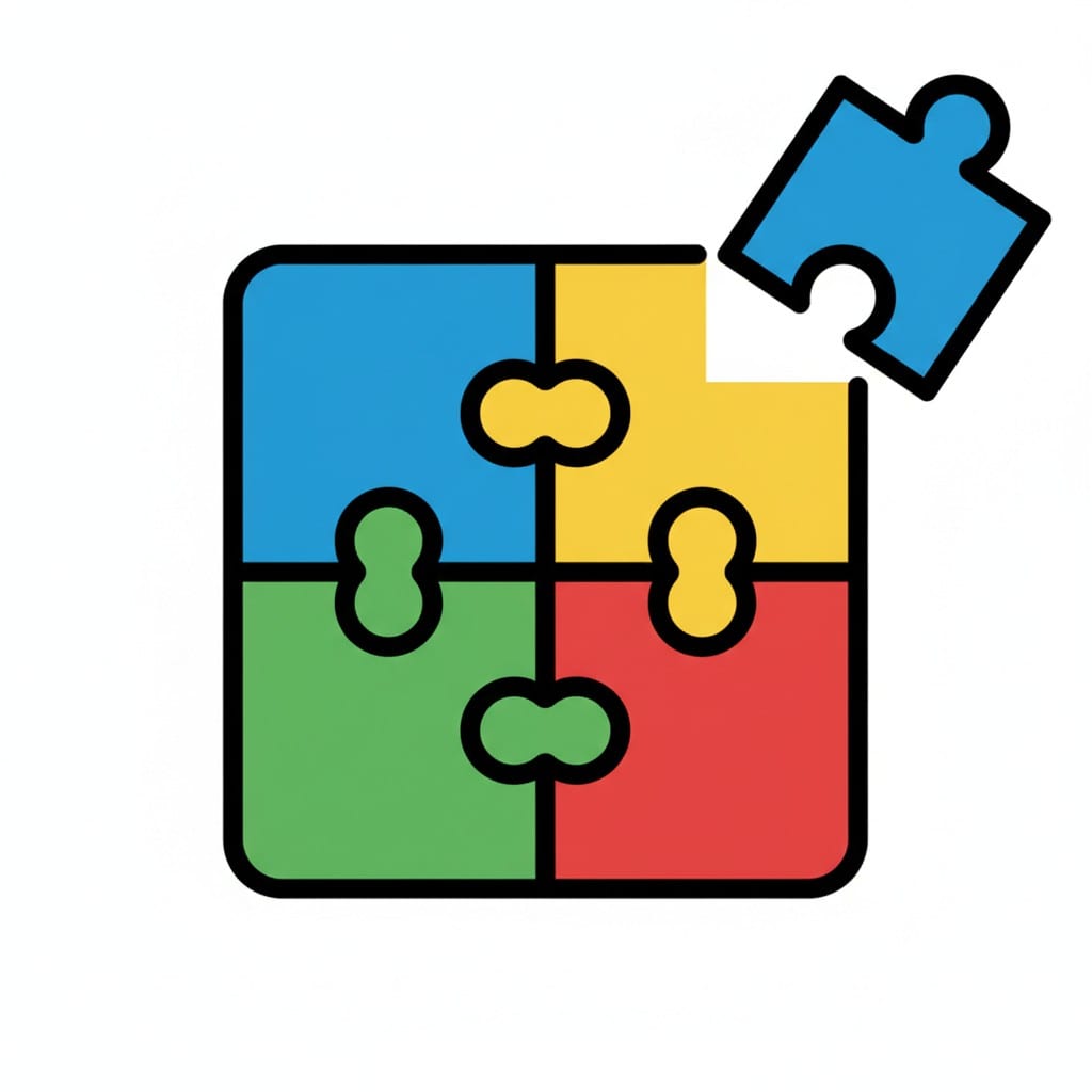 Een kleurige puzzel van vier stukjes waarvan het laatste blauwe stukje nog gelegd moet worden.