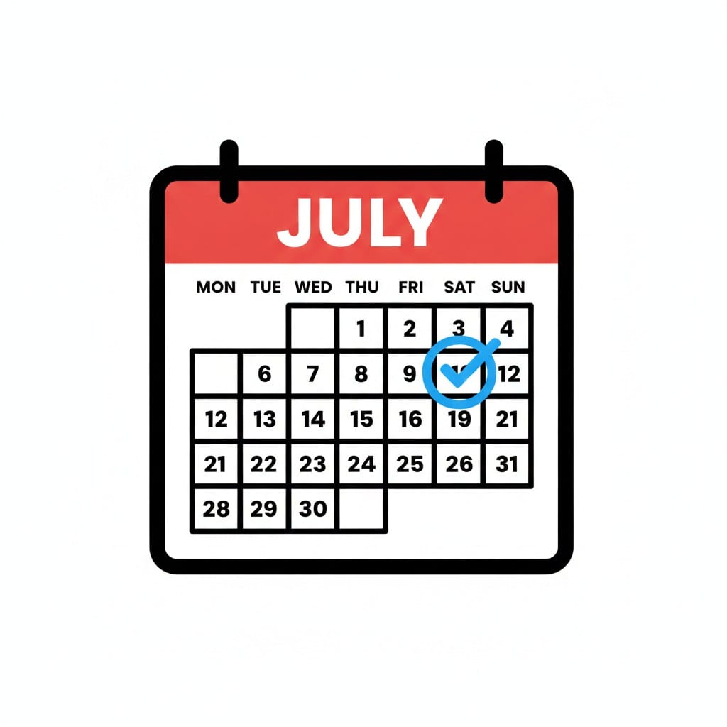 Een julikalender met één datum afgevinkt.