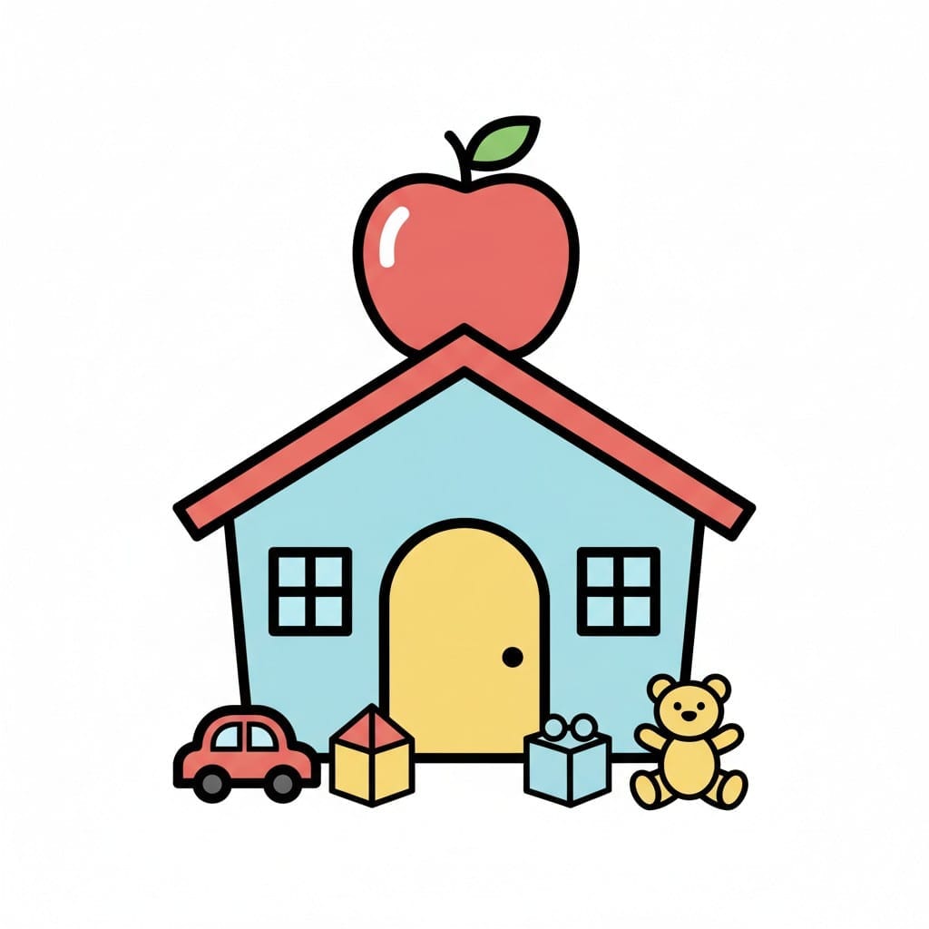 Een schoolgebouw met een appel, speelgoed, een auto en een teddybeer ervoor.