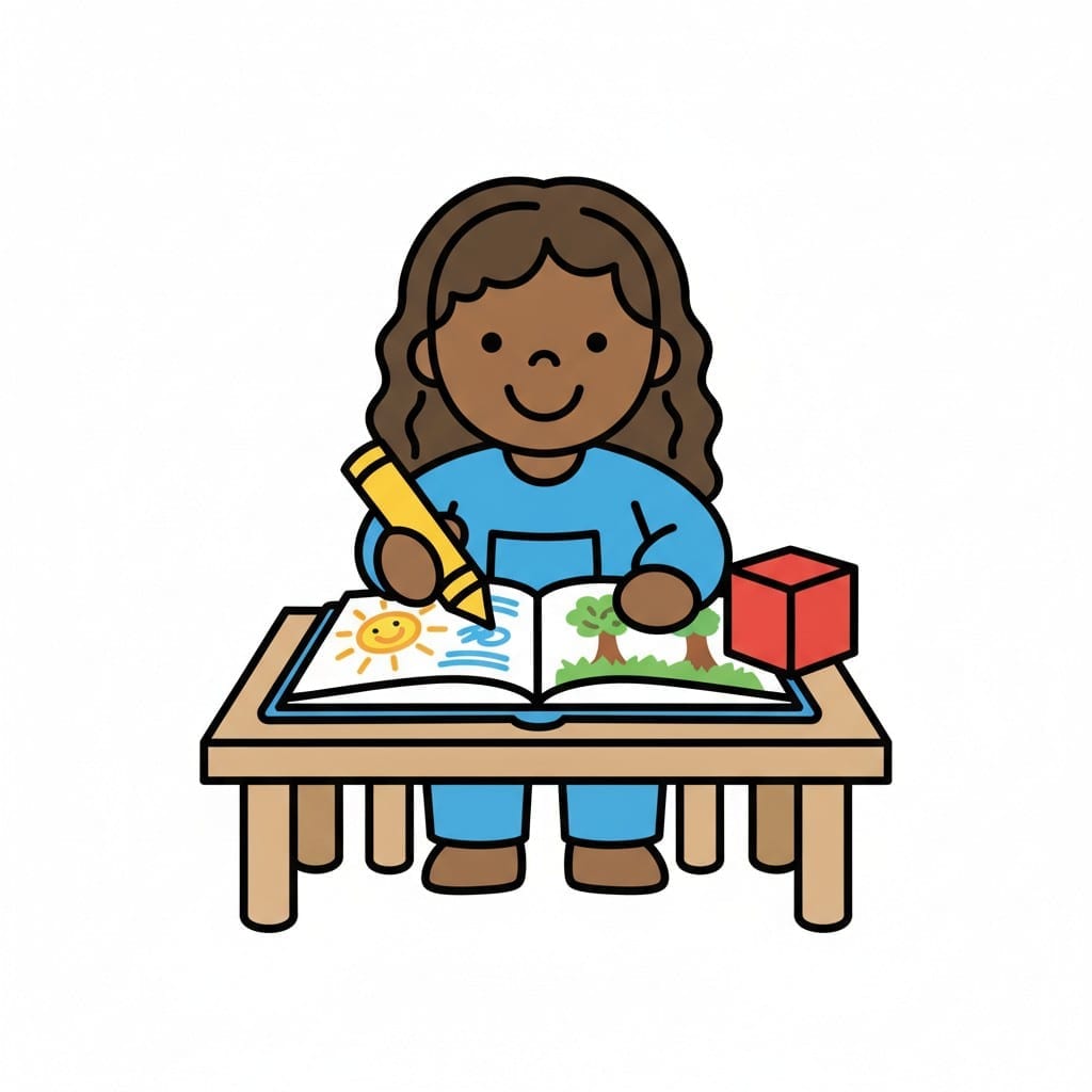 Een schooltafel met een boek, een appel, een schaar en speelgoed voor een schoolbord.