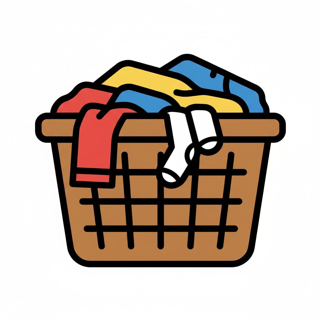 Een wasmand vol kleurige kleren en sokken.