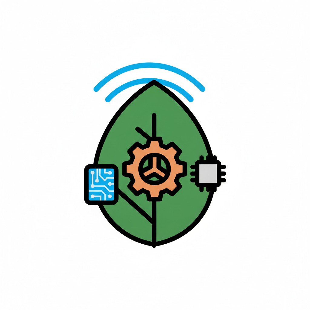 A green leaf with a gear, a circuit board and a microchip inside, with signal arcs above.
