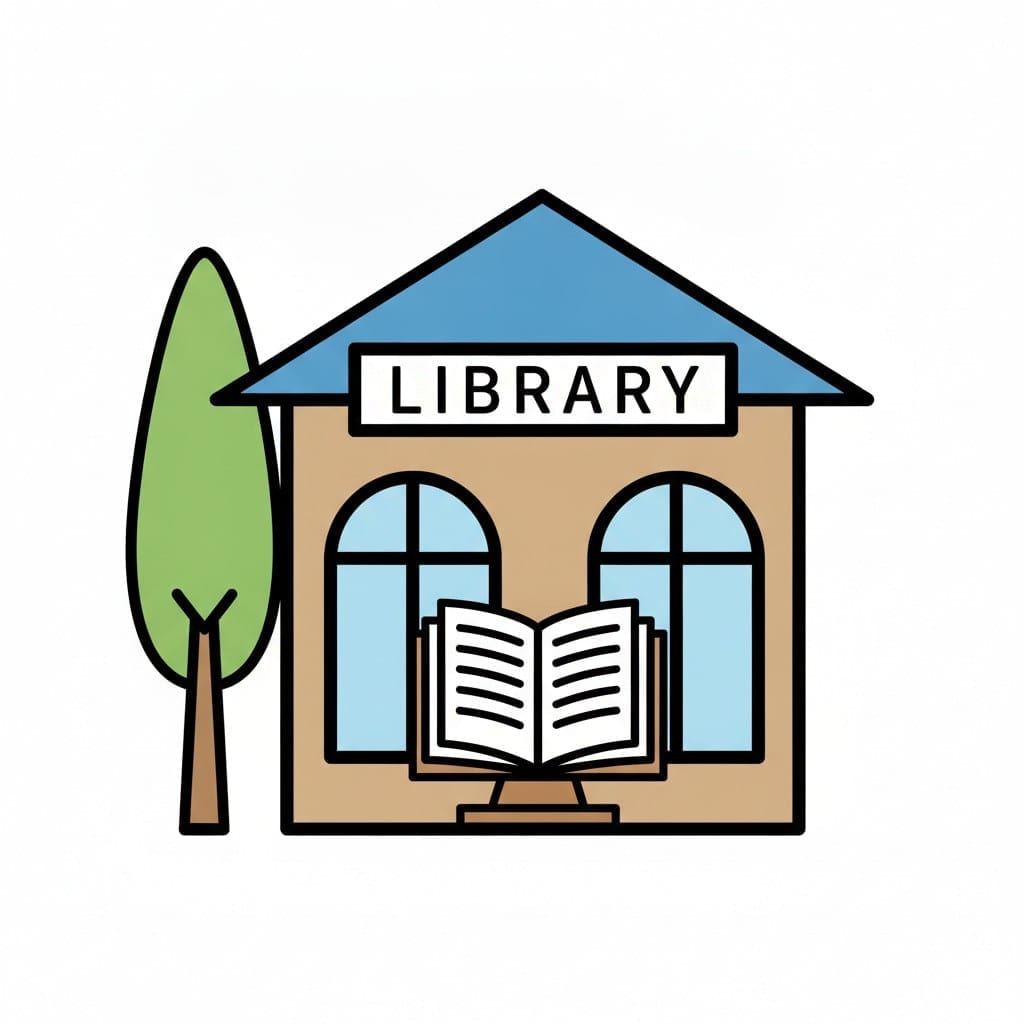Een bibliotheekgebouw met een bord en een opengeslagen boek ervoor.