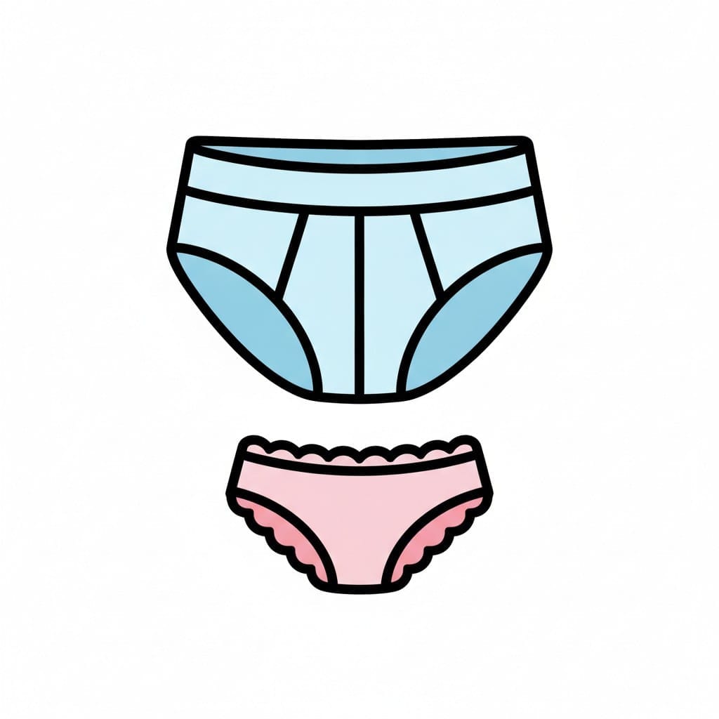 Een lichtblauwe onderbroek boven een roze onderbroek met een geschulpte rand.