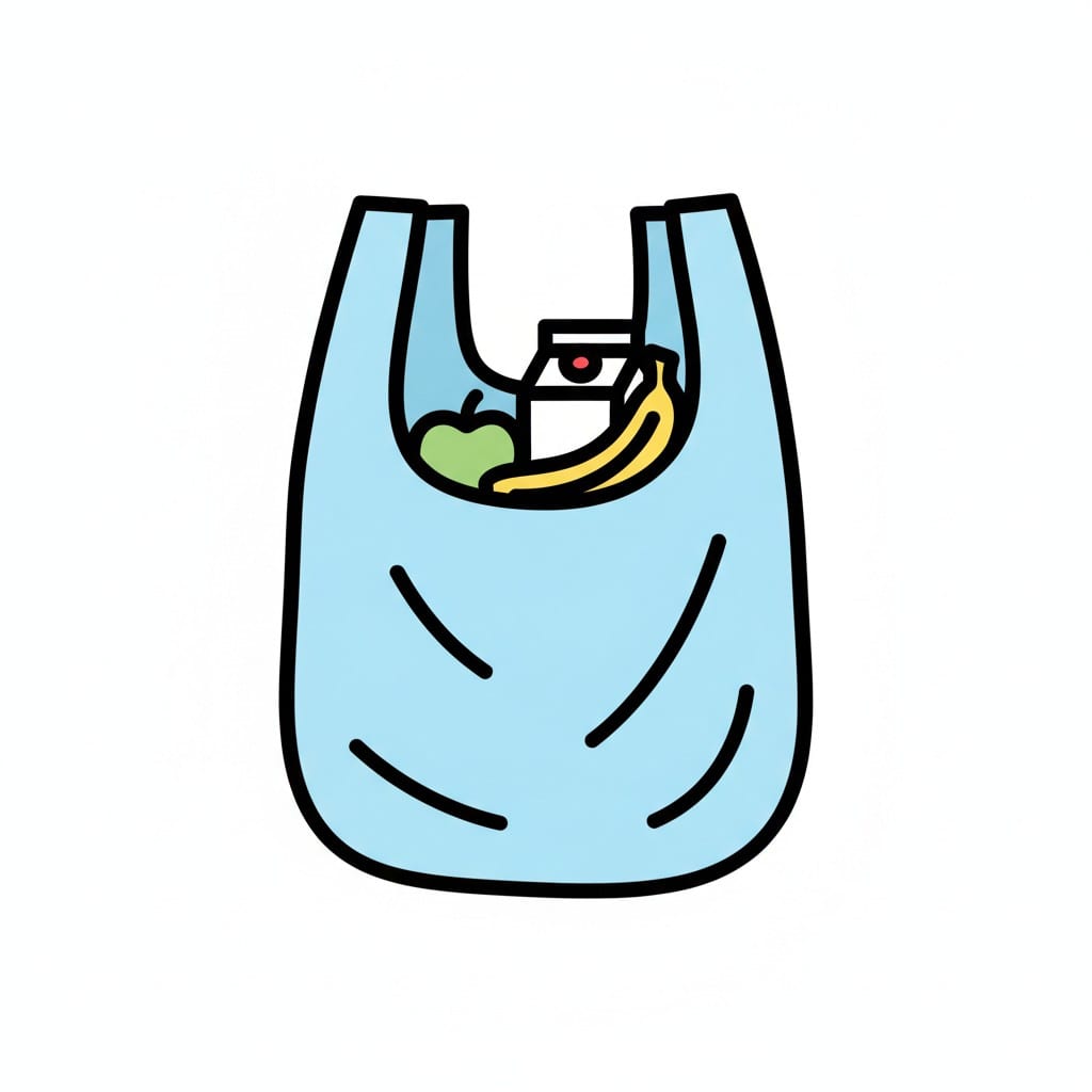 Een lichtblauwe plastic draagtas met handvatten, gevuld met een groene appel, een banaan en een pak melk.
