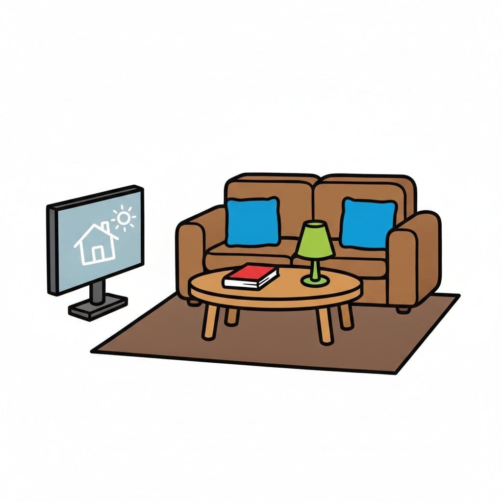 Een woonkamer met een bank, salontafel en tv.