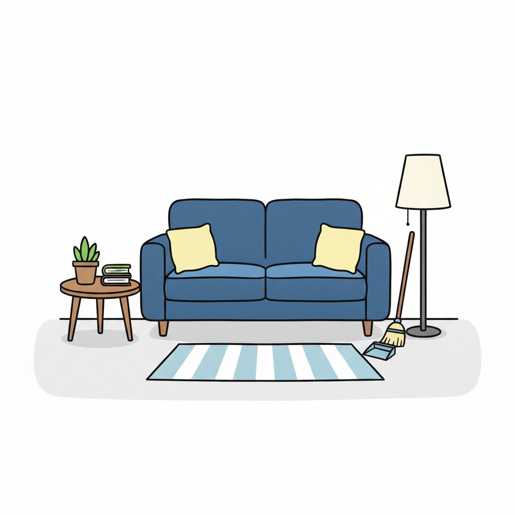 Een woonkamer met een blauwe bank, vloerlamp en bijzettafel, met een bezem tegen de muur.