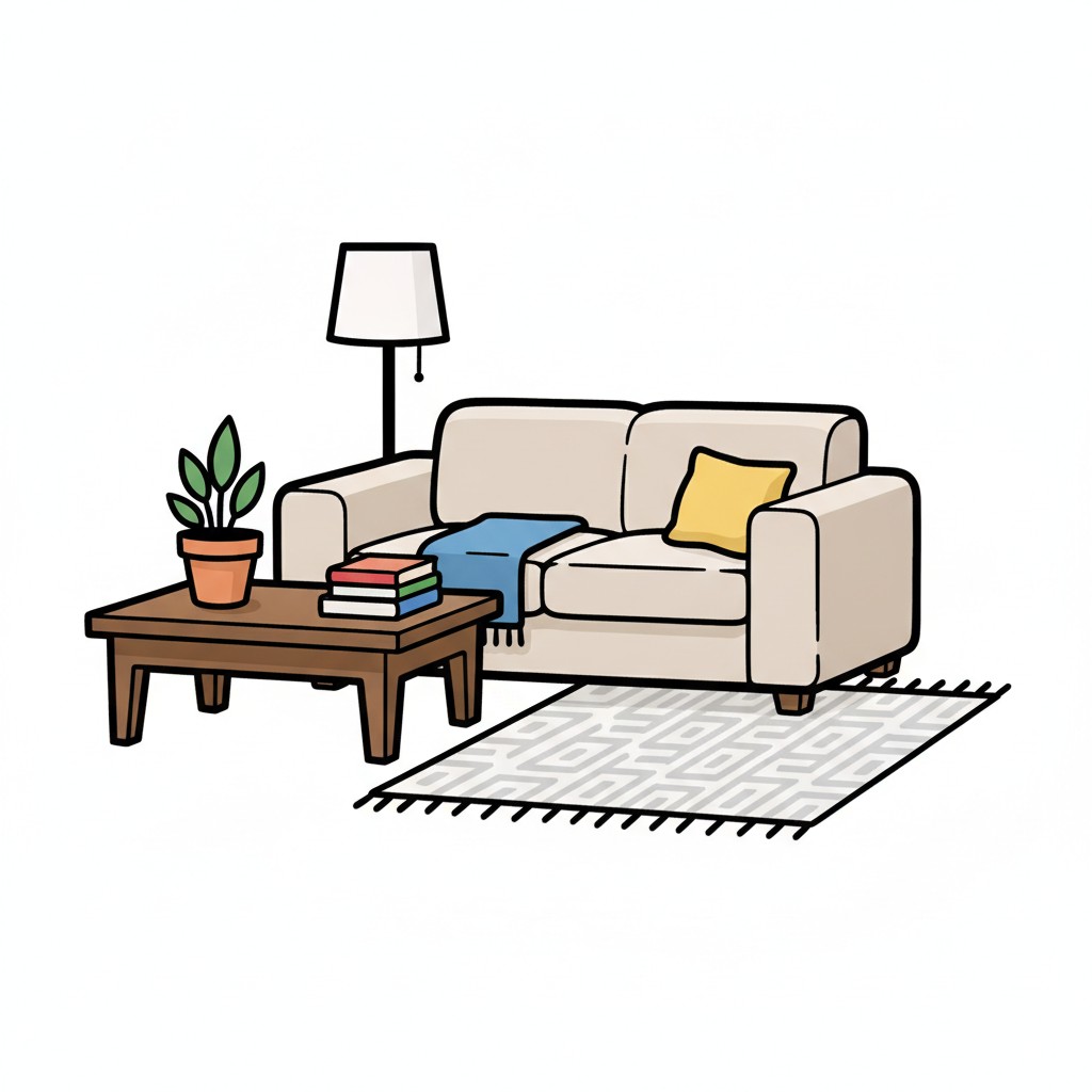Een woonkamer met een beige bank, salontafel met boeken en een plant, en een gedessineerd kleed.