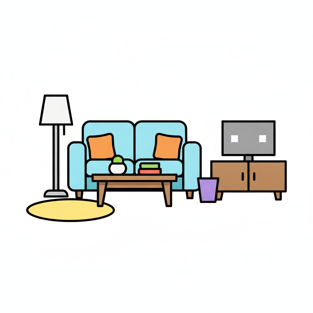 Een woonkamer met een lichtblauwe bank, salontafel, tv-meubel en een rond geel kleed.
