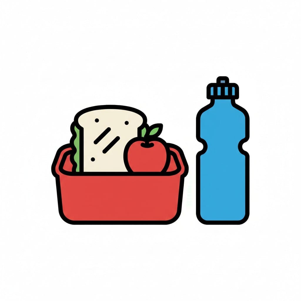 Een rode lunchtrommel met een boterham en een appel erin. Er staat een blauwe drinkfles naast.