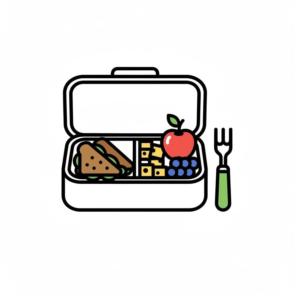 Een open lunchtrommel met een boterham, blokjes kaas, blauwe bessen en een appel, met een vork ernaast.