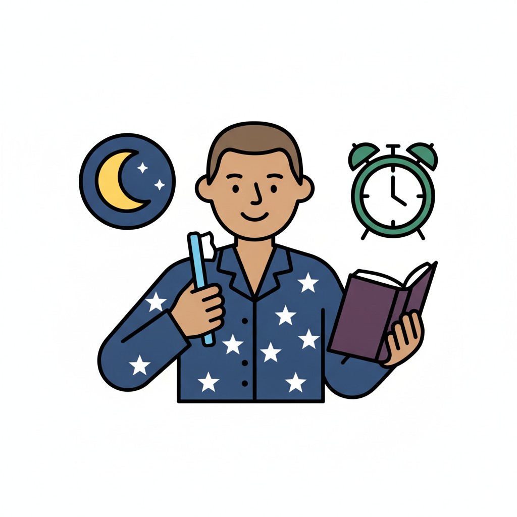 A man in pajamas holds a toothbrush and a book, with a moon and an alarm clock.