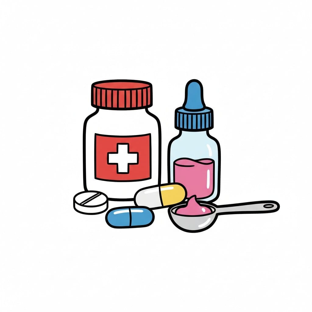 Verschillende medicijnen, waaronder een potje pillen, een druppelflesje met vloeistof, een tablet, twee capsules en een lepel met vloeibaar medicijn.