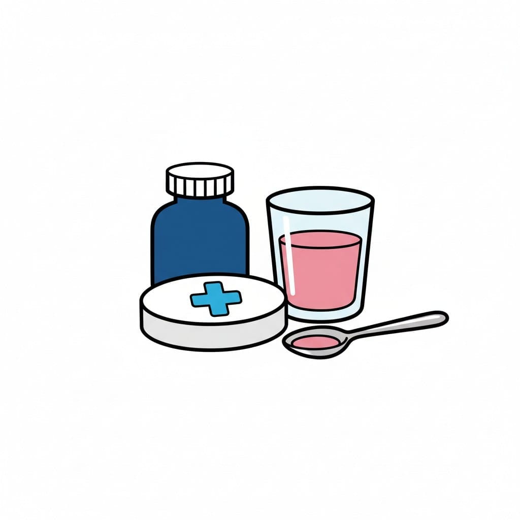 Een medicijnpotje, een pillendoosje, een glas vloeibaar medicijn en een lepel met vloeibaar medicijn.