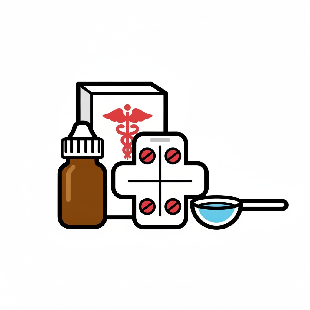 En medicinflaska, en tablettkarta, en medicinask och en mätsked.
