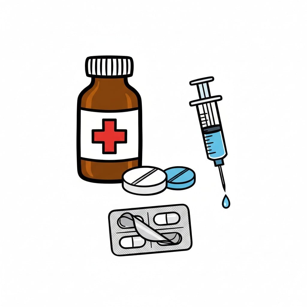 Tekening van een bruin medicijnpotje met een rood kruis, twee pillen, een stripje pillen en een spuit met een druppel.