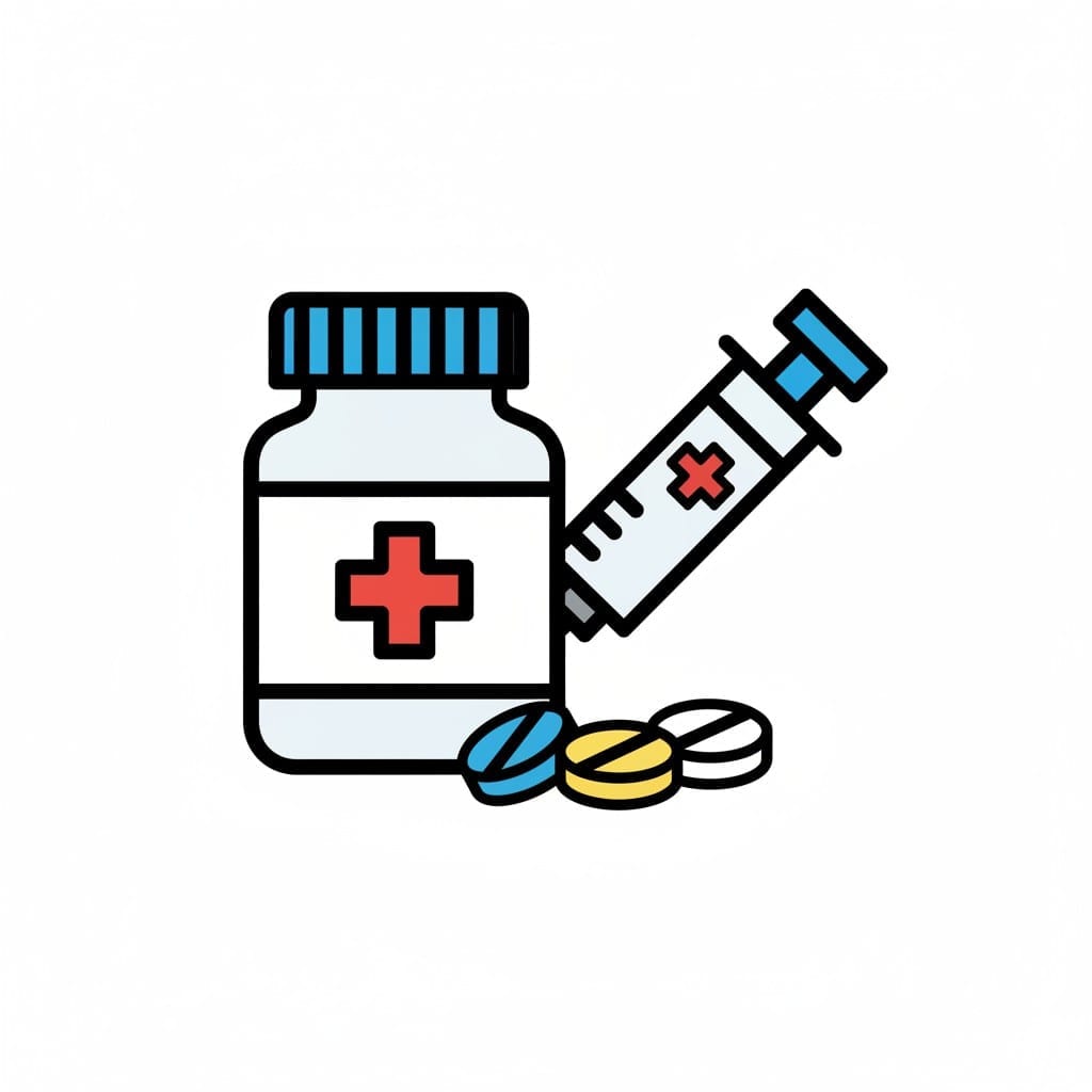 Een tekening van een medicijnpotje met twee pillen ervoor en een spuit erachter.
