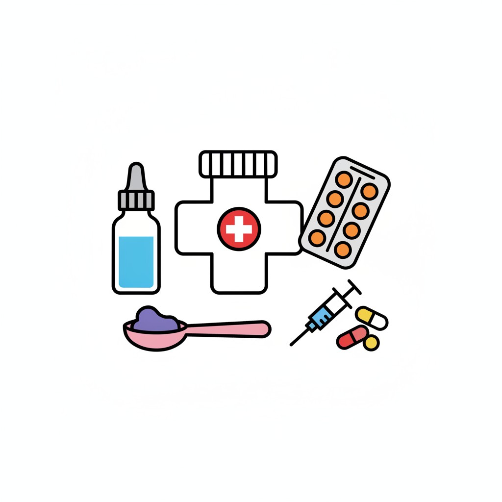 En droppflaska, en medicinburk, tabletter, en sked, en spruta och kapslar.