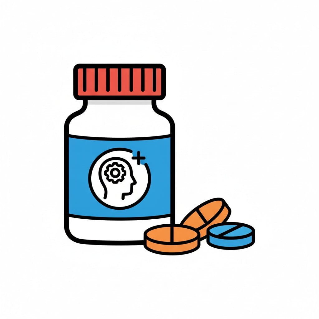 Een medicijnpot met een hoofdsymbool en tabletten ernaast.
