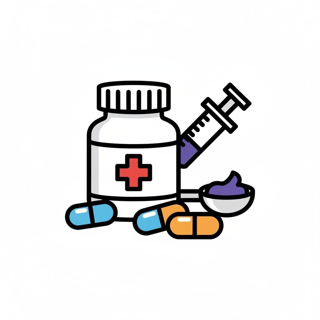 Tekening van een medicijnpotje, een spuit, pillen en een lepel met medicijn.