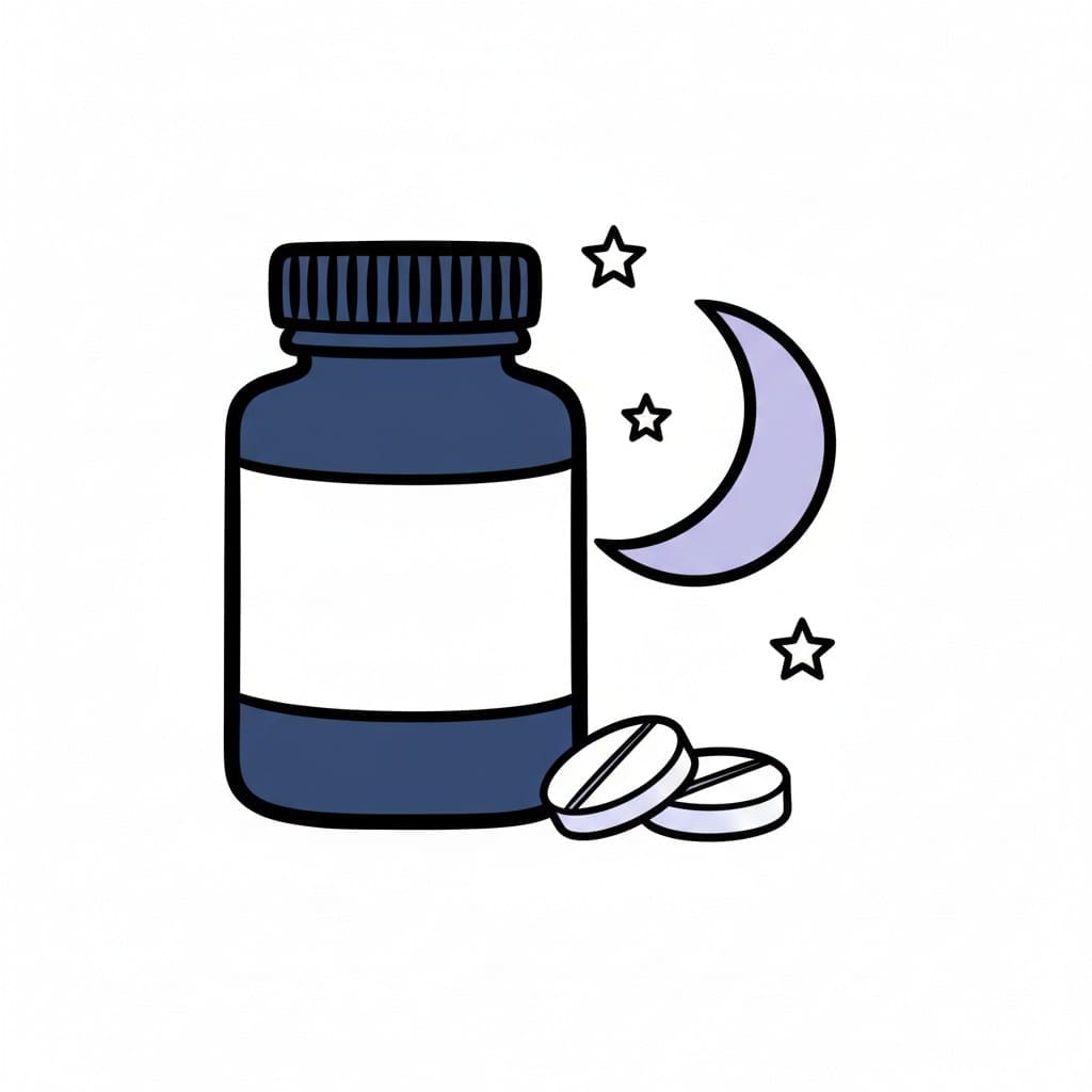 Een medicijnpotje met twee tabletten ernaast en een maan en sterren die de nacht voorstellen.
