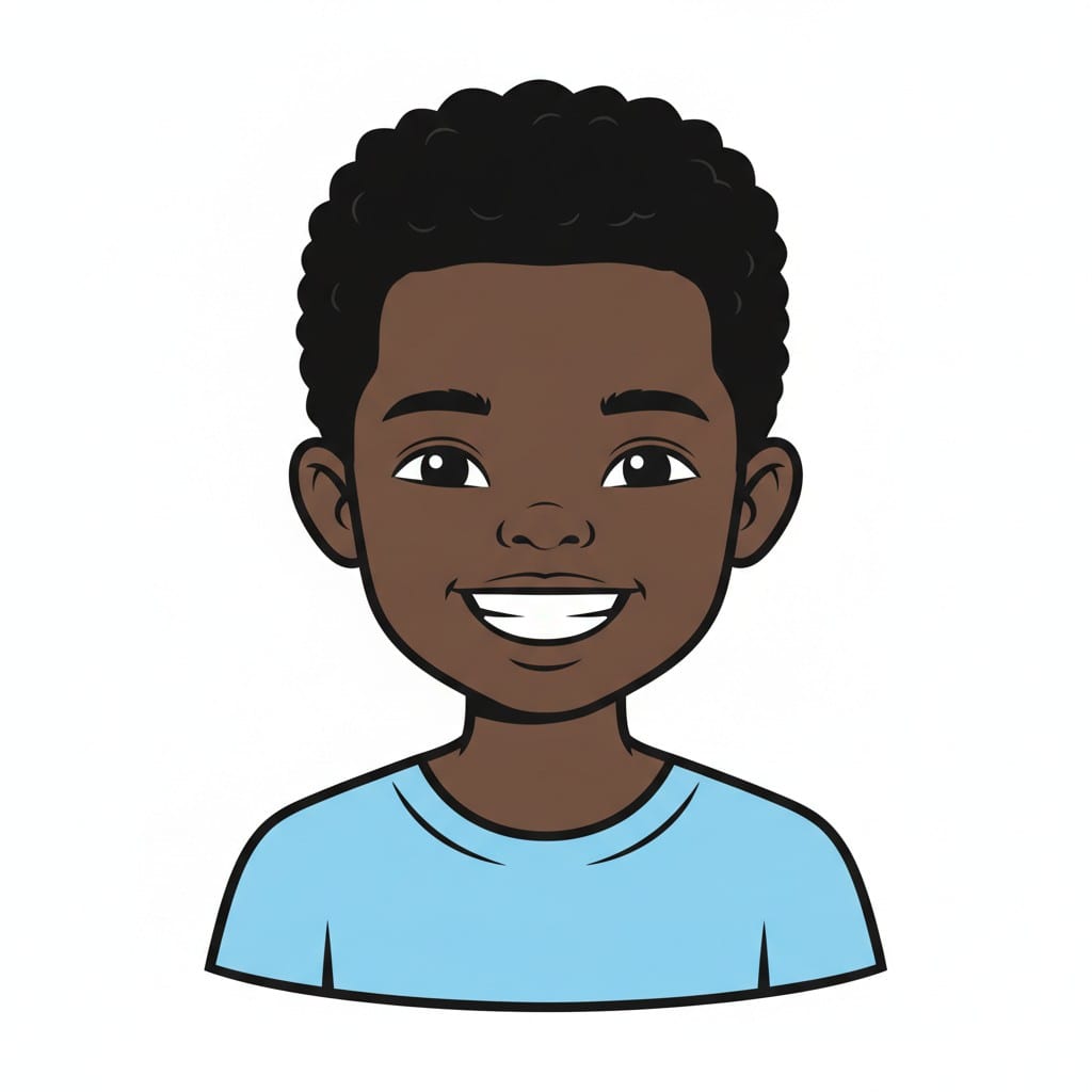 Een lachende jongen in een lichtblauw T-shirt is van voren in portret te zien.