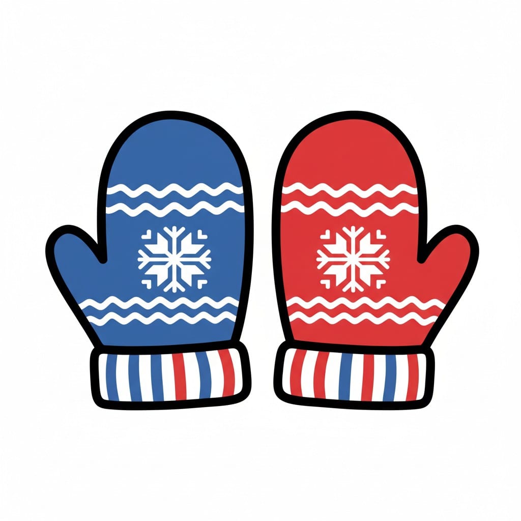 Een paar wanten. De ene blauw met witte sneeuwvlok- en golfpatronen, de andere rood met witte sneeuwvlok- en golfpatronen. Beide hebben gestreepte boorden in rood, wit en blauw.