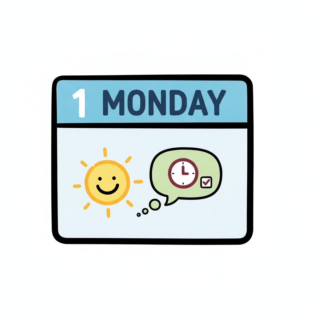 Ett kalenderkort med texten 1 MONDAY högst upp, en leende sol och en grön pratbubbla med en klocka och en bock.