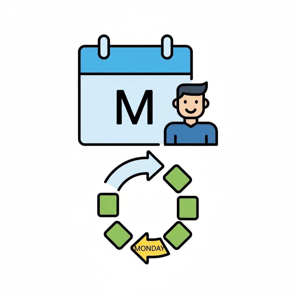 Een kalenderpictogram met de letter M voor maandag, een afbeelding van een man en een ronde pijl die naar 'Monday' in een weekcyclus wijst.