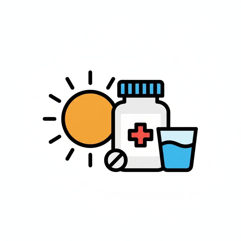 Een flesje medicijn, een glas water en een zonnepictogram dat de ochtend voorstelt.