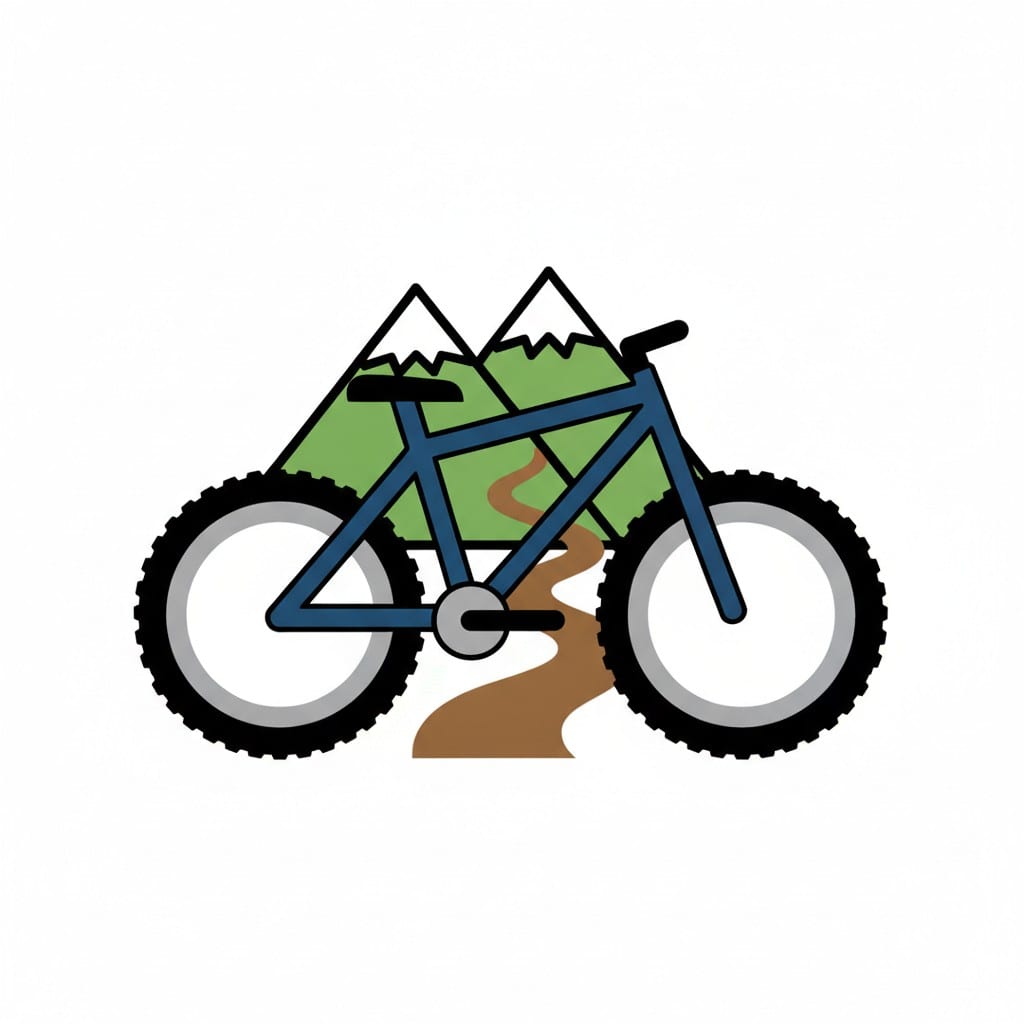 A blue mountain bike stands in front of green mountains and a trail.