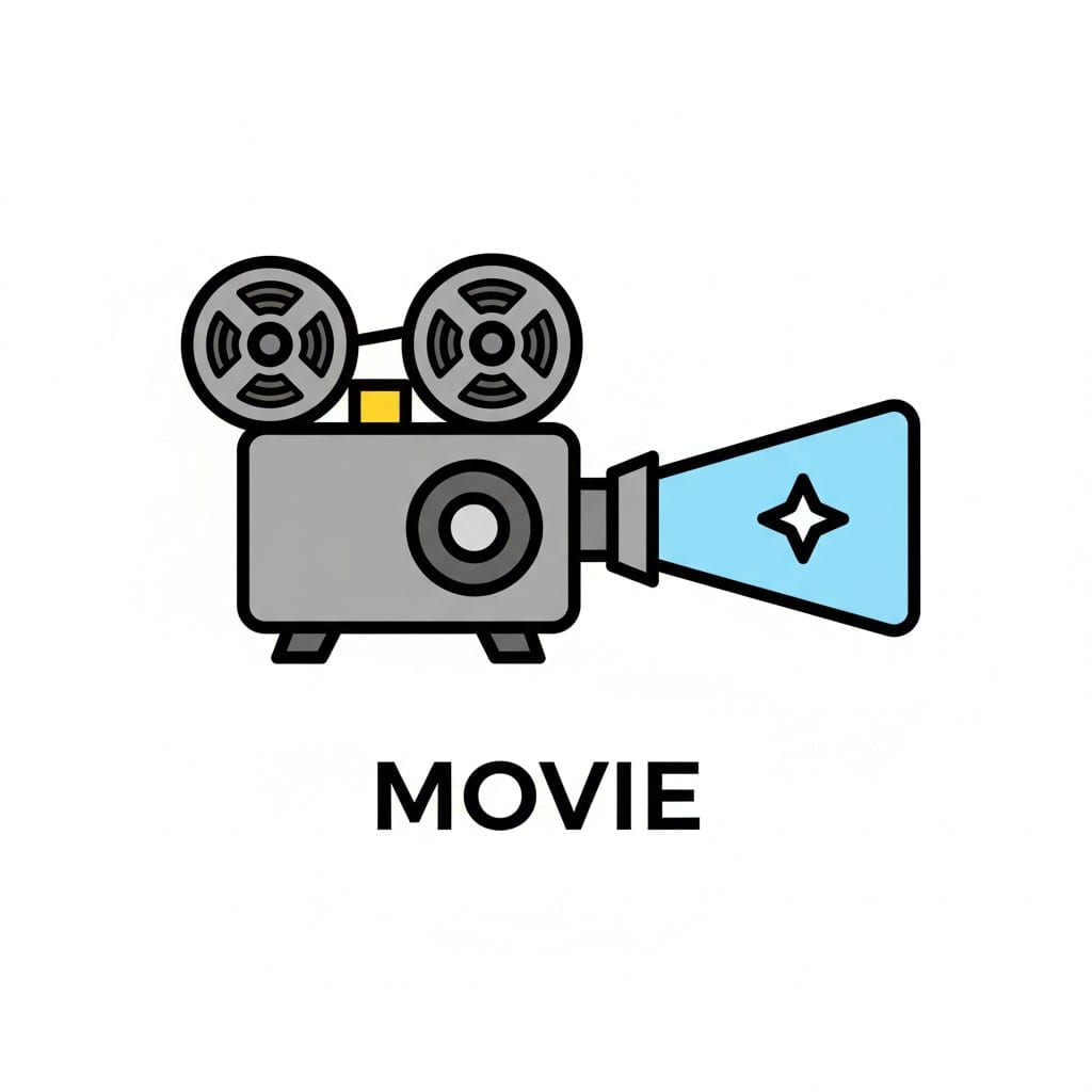 En filmprojektor med filmruller der sender en blå lysstråle med en stjerne ud, med teksten MOVIE.