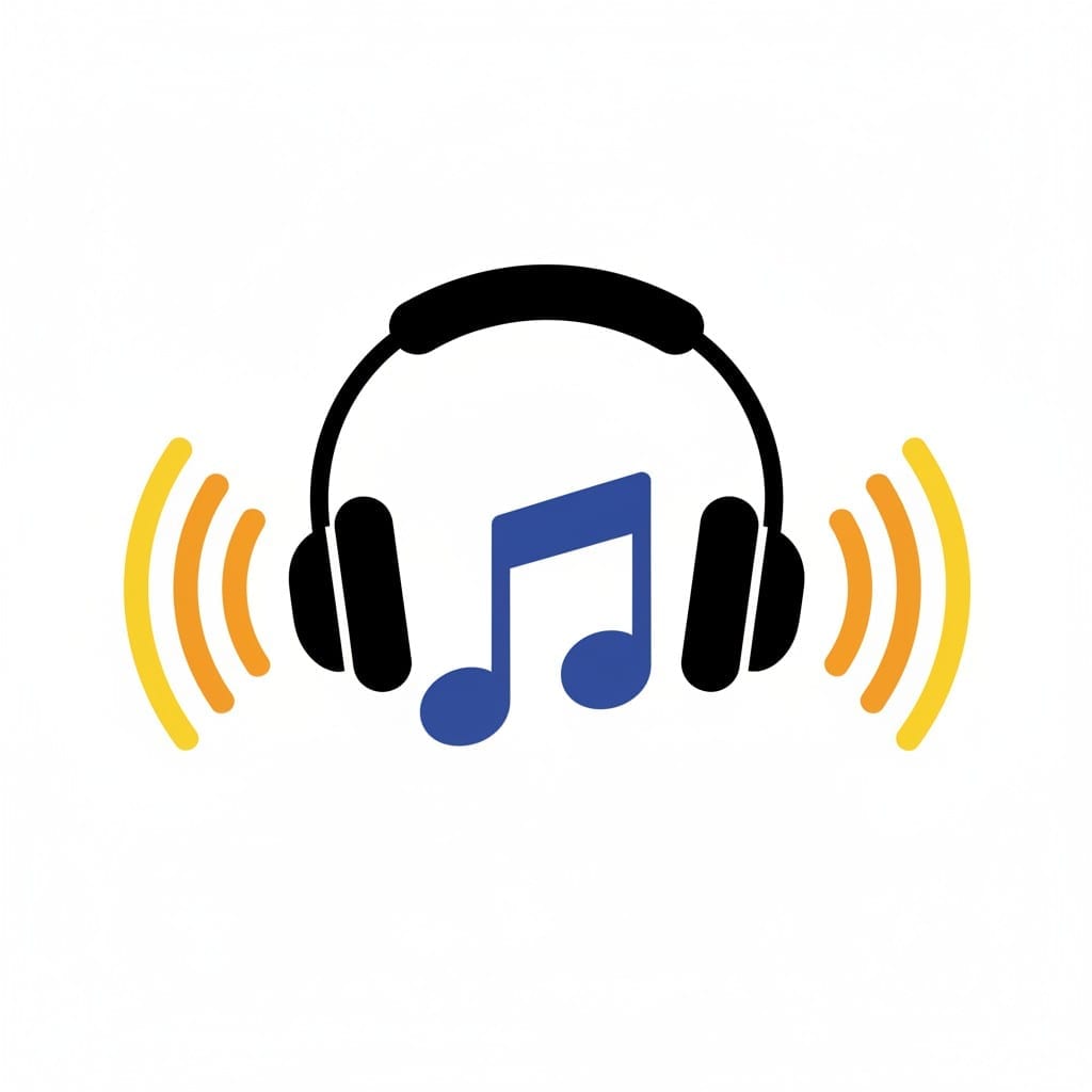 Een pictogram met een zwarte koptelefoon met een blauwe muzieknoot, omringd door gele geluidsgolven, dat het luisteren naar muziek voorstelt.