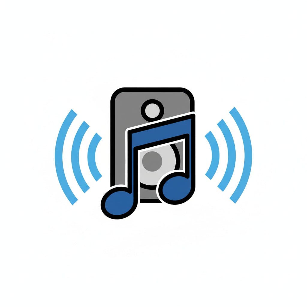 Een pictogram met een luidspreker met een blauwe muzieknoot, omringd door blauwe geluidsgolven, dat het afspelen van muziek voorstelt.