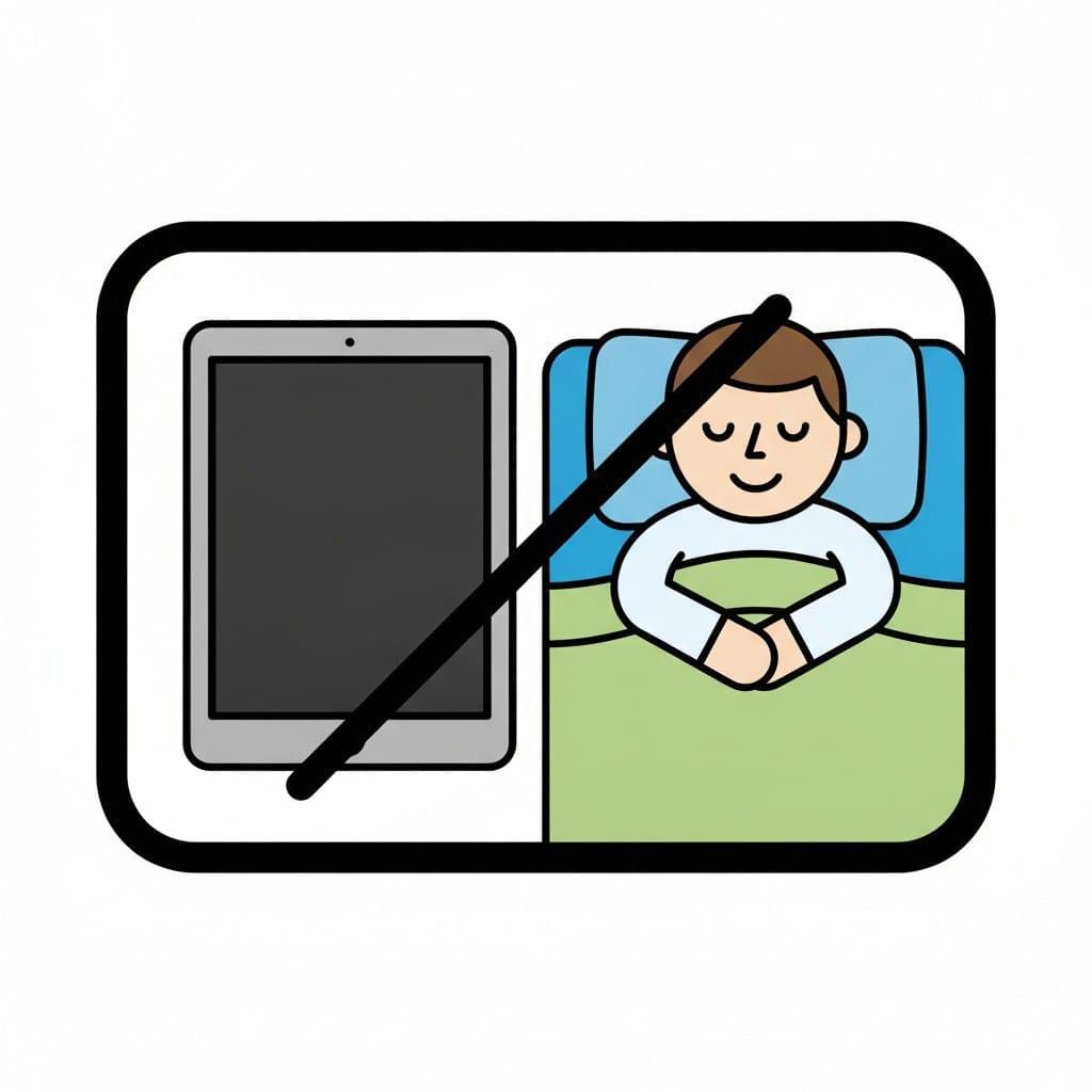 Een doorgestreepte iPad naast een kind dat in bed ligt te rusten.