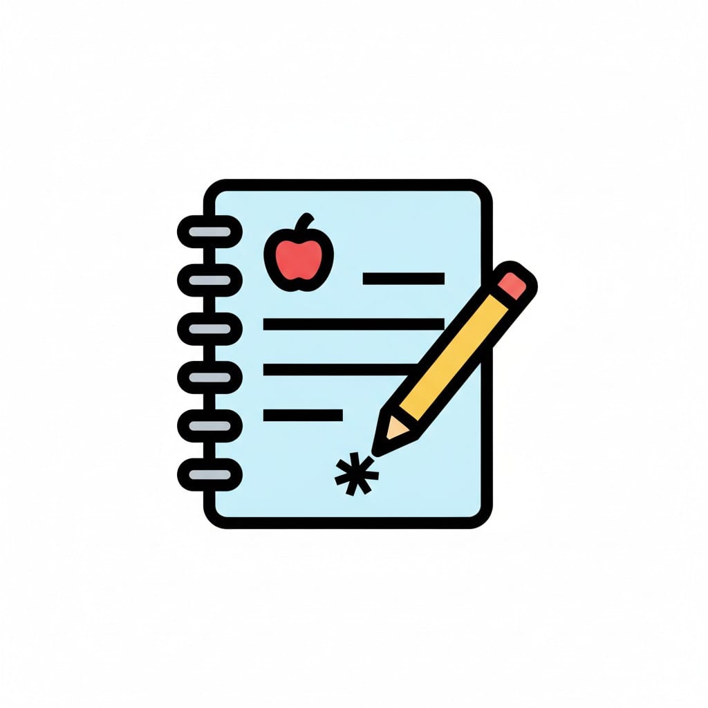 A blue spiral notebook with an apple and ruled lines, beside a yellow pencil.
