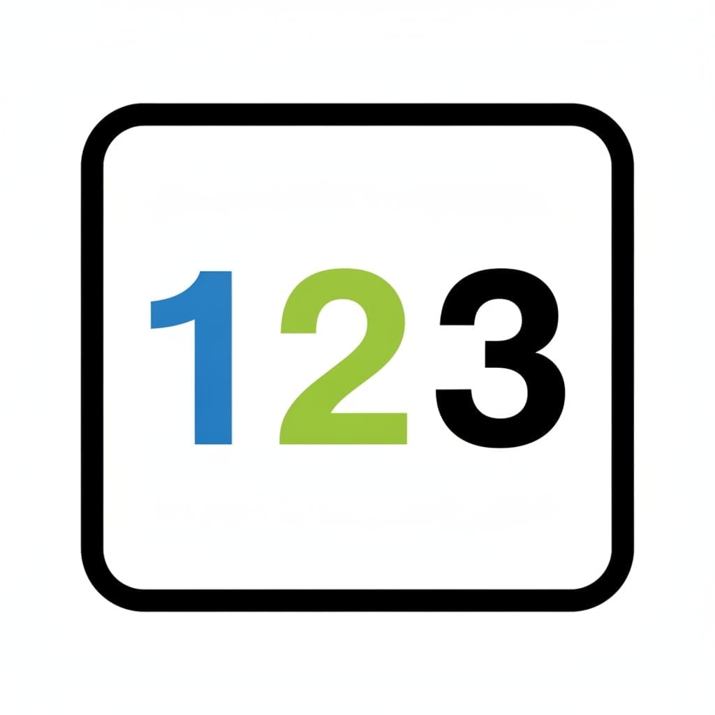 Een witte kaart met afgeronde hoeken met de cijfers 1, 2 en 3 in blauw, groen en zwart.