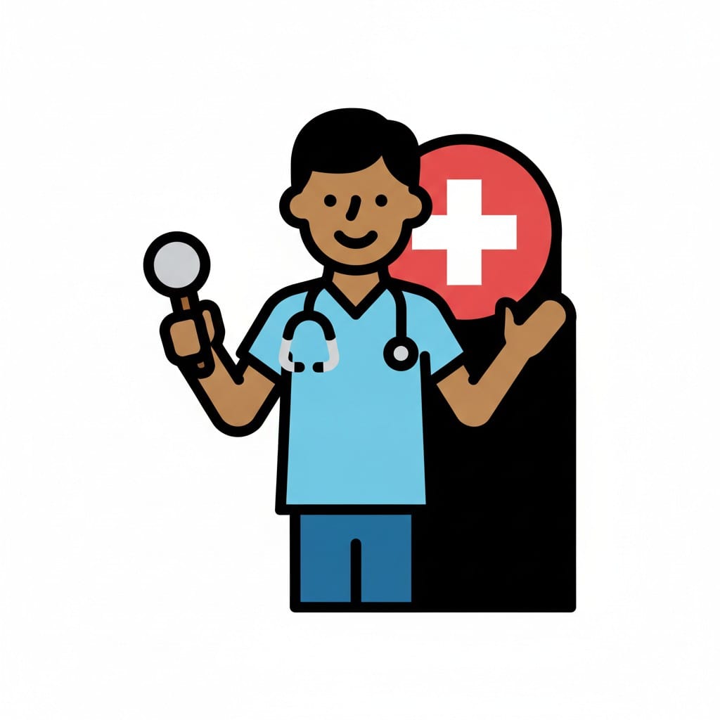 Eine Person in Arbeitskleidung mit Stethoskop hält ein Otoskop vor einem roten Kreuz.