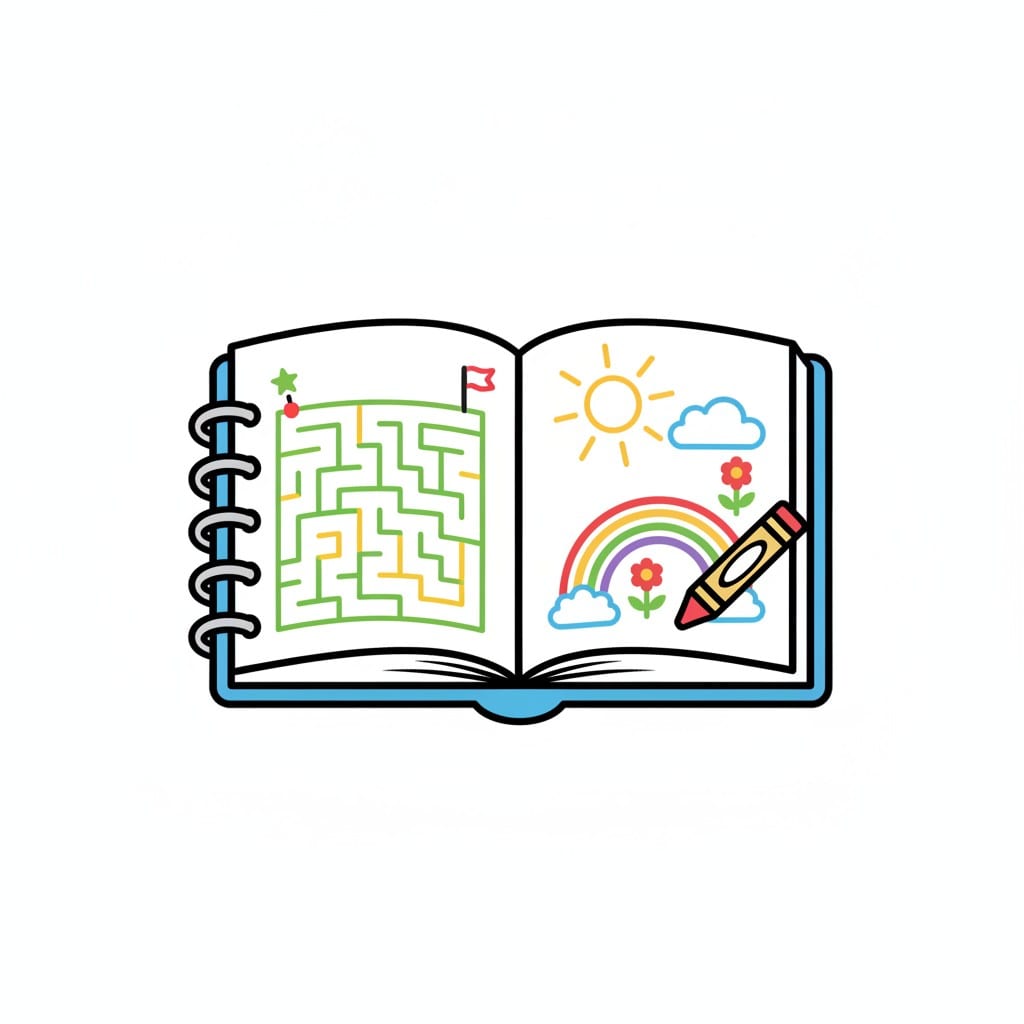 Een opengeslagen doeboek met op de ene bladzijde een doolhof en op de andere een tekening van een zon, een regenboog en bloemen met een kleurpotlood.