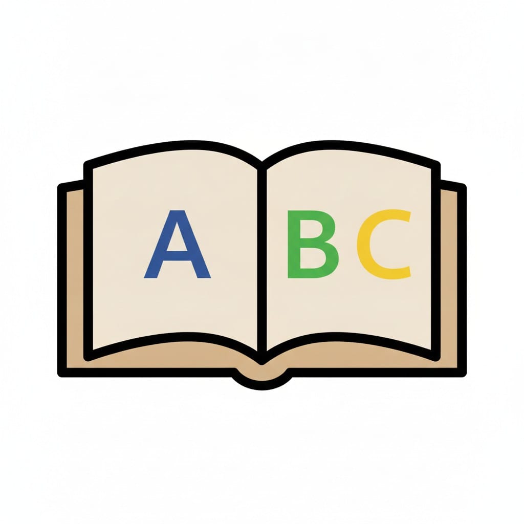 An open book with beige covers showing the letters A, B and C in blue, green and yellow.