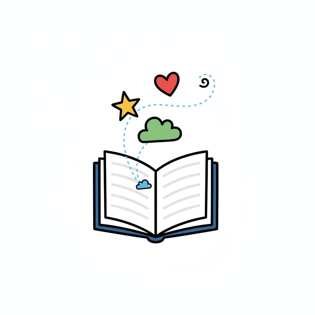 An open book with a star, a heart and a green cloud drifting up from the pages along a dotted line.