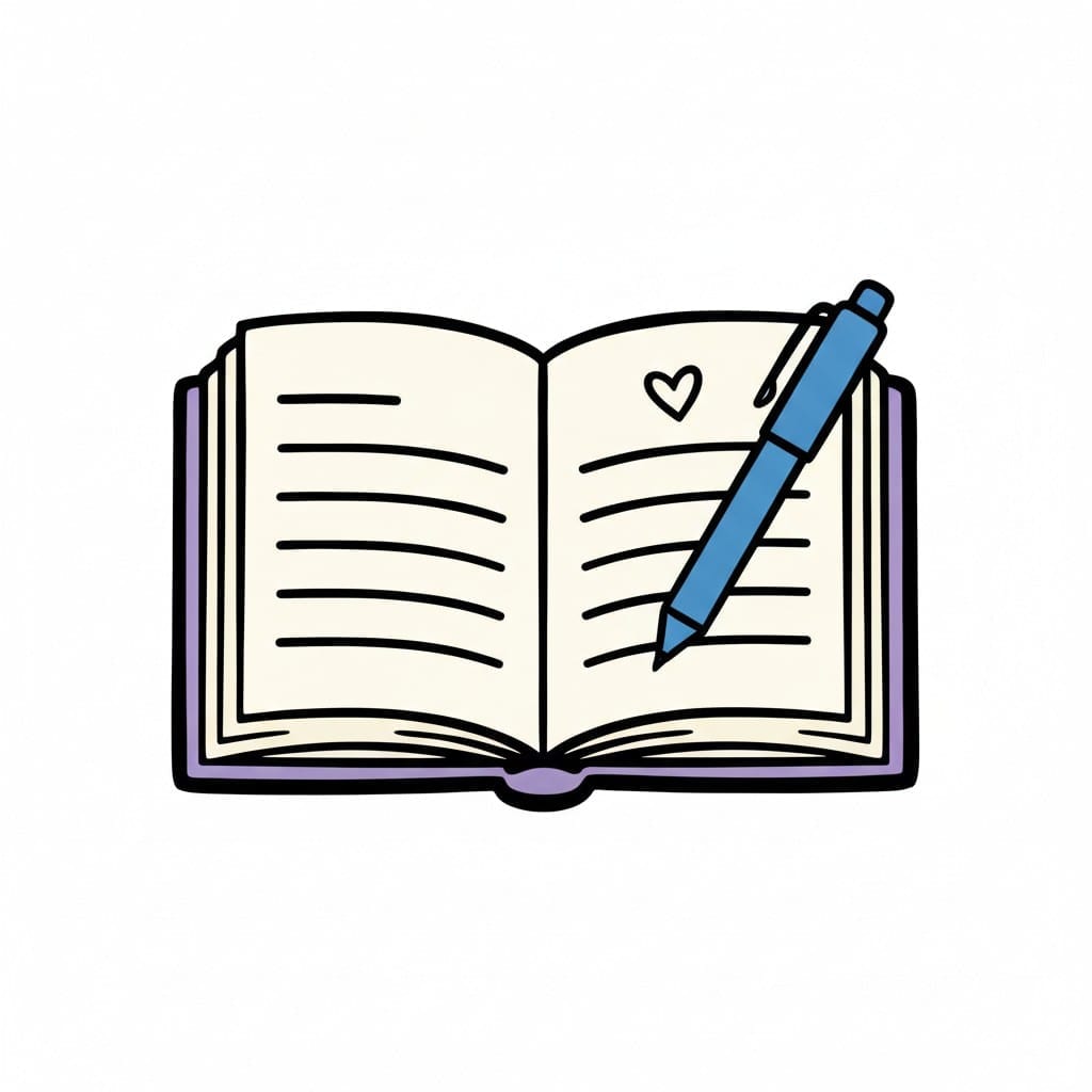 Een opengeslagen dagboek met een pen op de bladzijde en een klein hartje erop getekend.