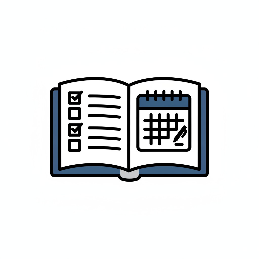 An open book with a checklist and a calendar.